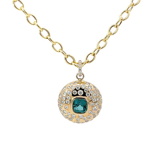 Statement Medallion Pendant in 14Kt. Yellow with a Bezel Set Blue Cushion ShapeTourmaline and Diamonds