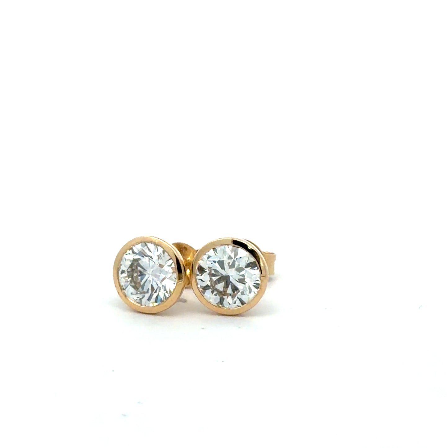 3.03 14kt.Yellow Gold Bezel Set Round Brilliant Lab Grown Studs with IGI Certificates
