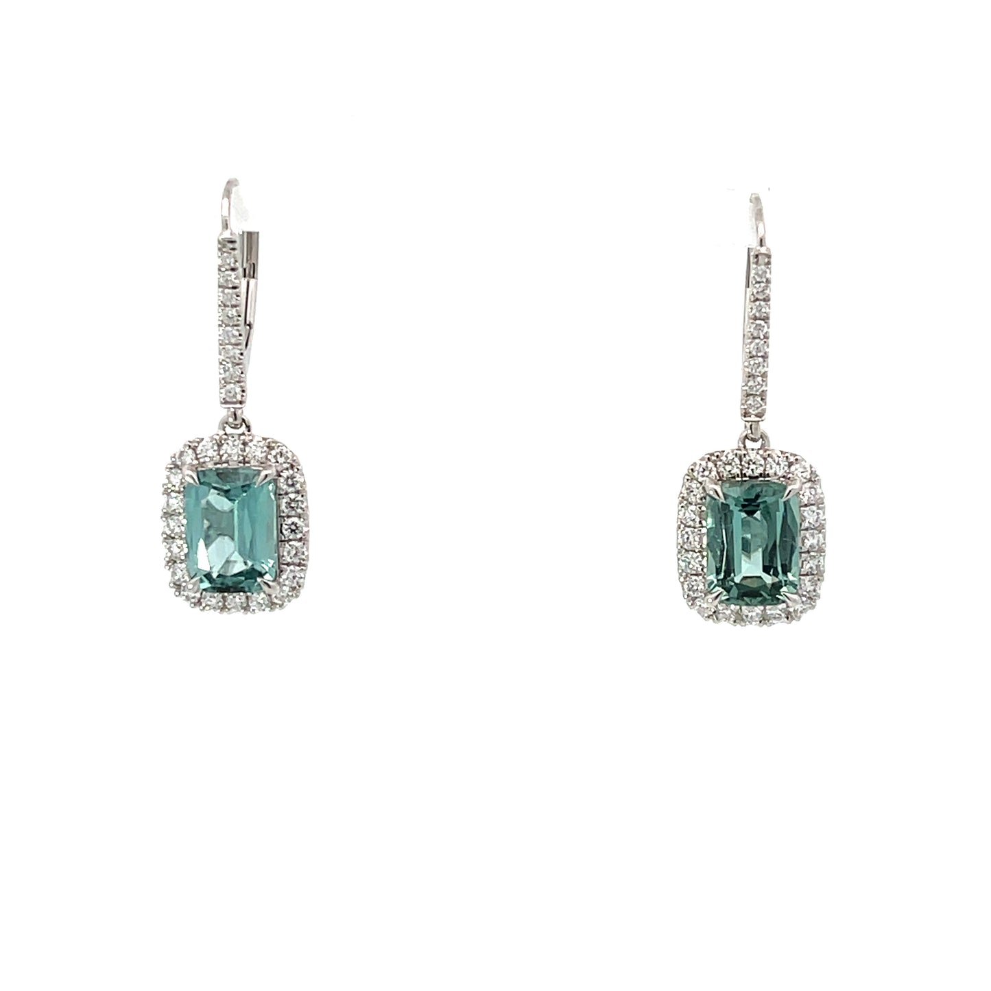 Elongated Cushion Cut Blue Tourmaline Halo Drop Earrings