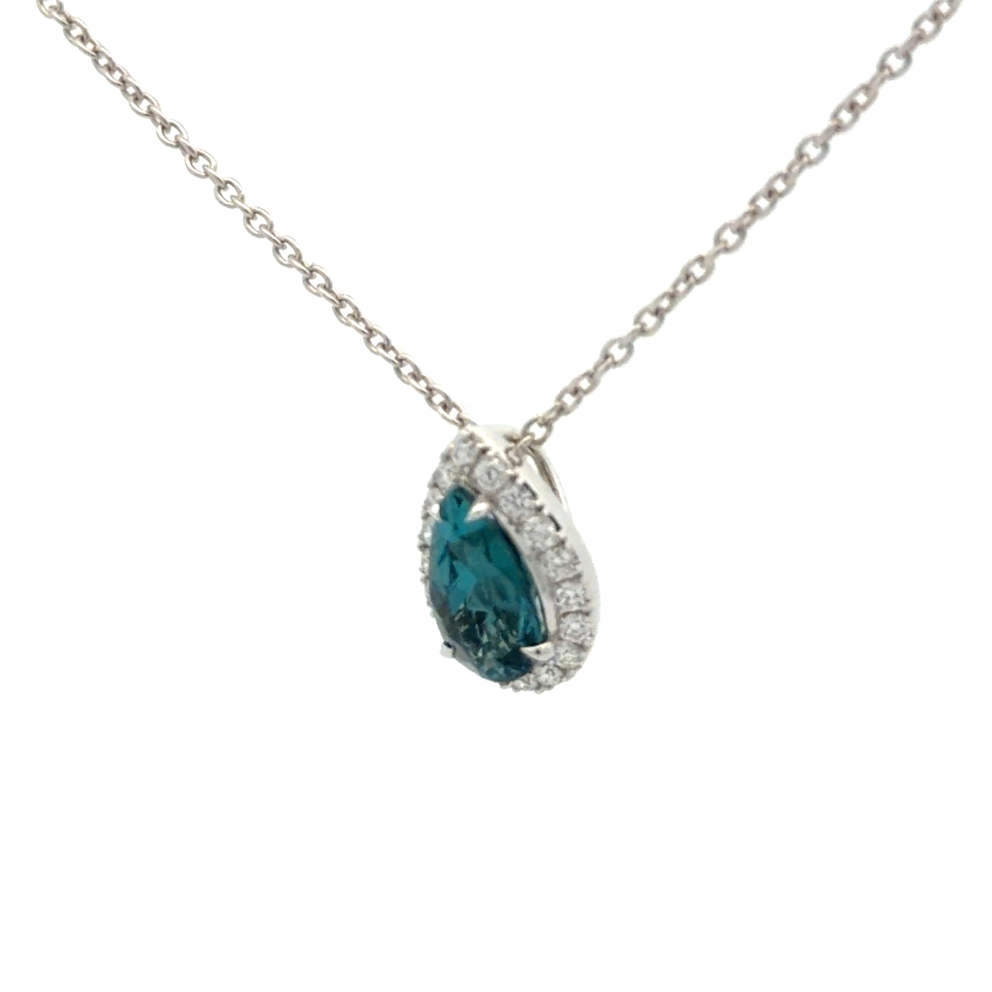 Floating 14kt. White Gold Natural Pear Shape Blue Tourmaline Pendant with Beautiful Natural Diamond Halo