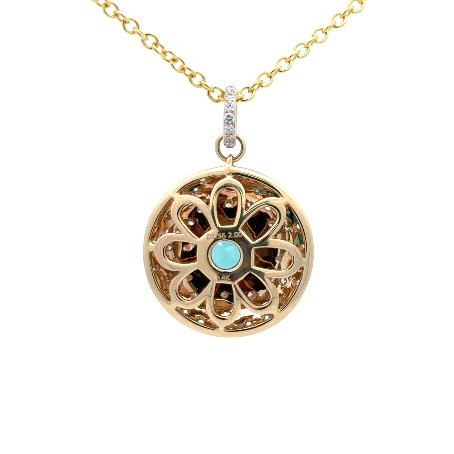 Statement Medallion Pendant in 14Kt. Yellow with a Bezel Set Blue Cushion ShapeTourmaline and Diamonds