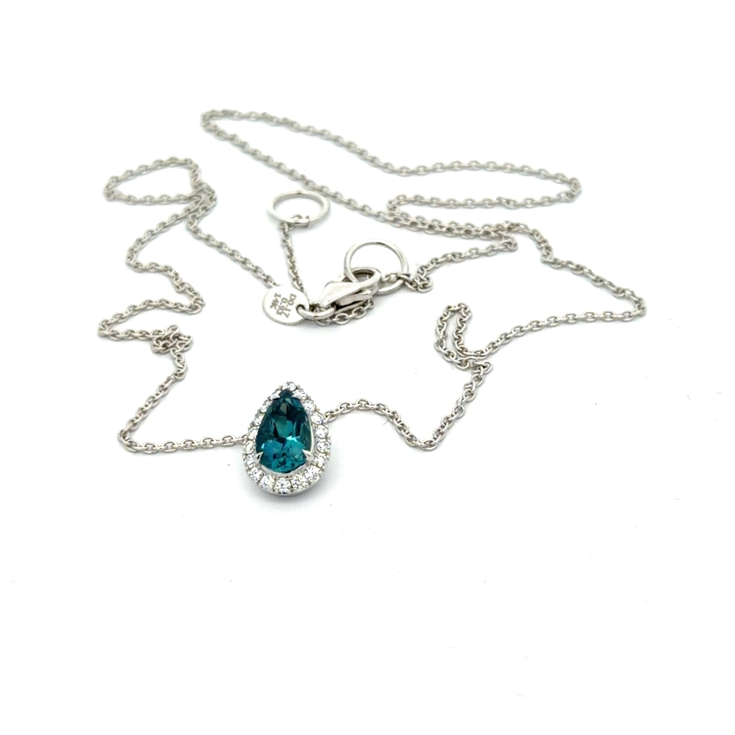 Floating 14kt. White Gold Natural Pear Shape Blue Tourmaline Pendant with Beautiful Natural Diamond Halo