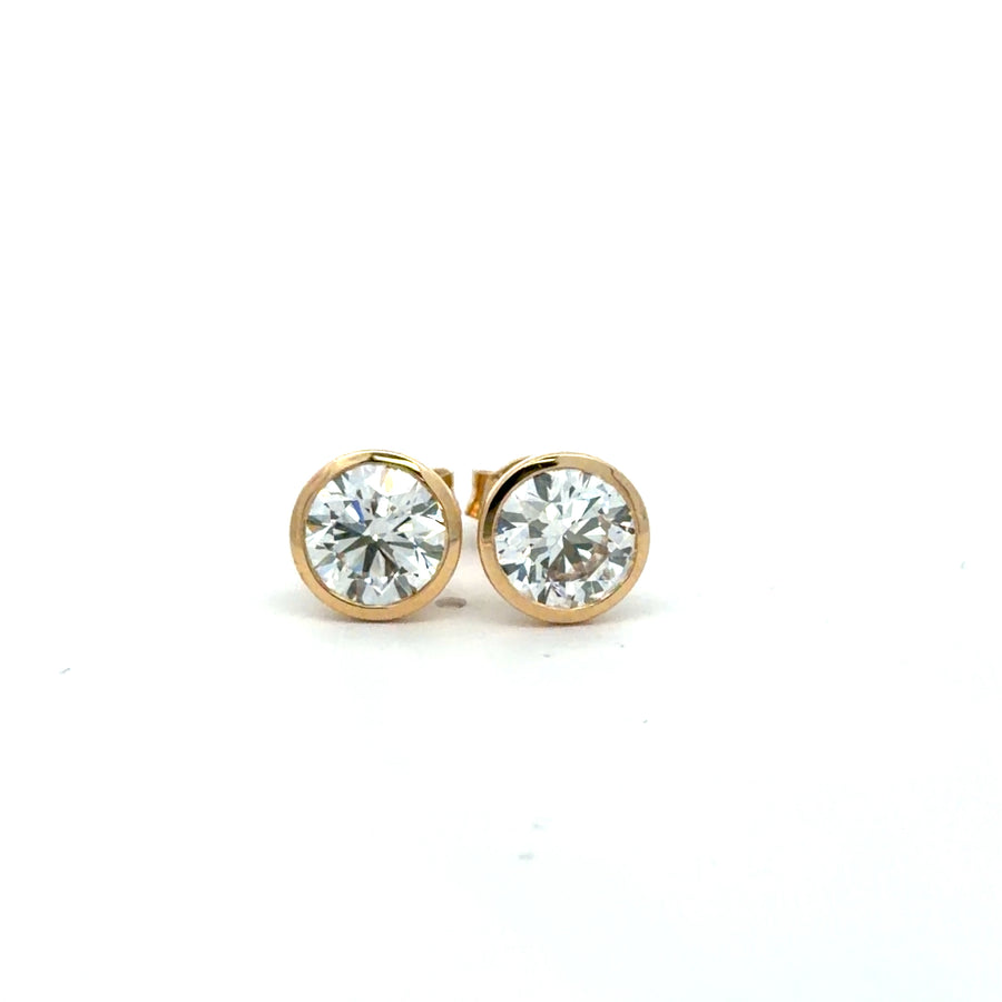 3.03 Carat IGI-Certified Lab-Grown Round Diamond Bezel Studs in 14K Yellow Gold