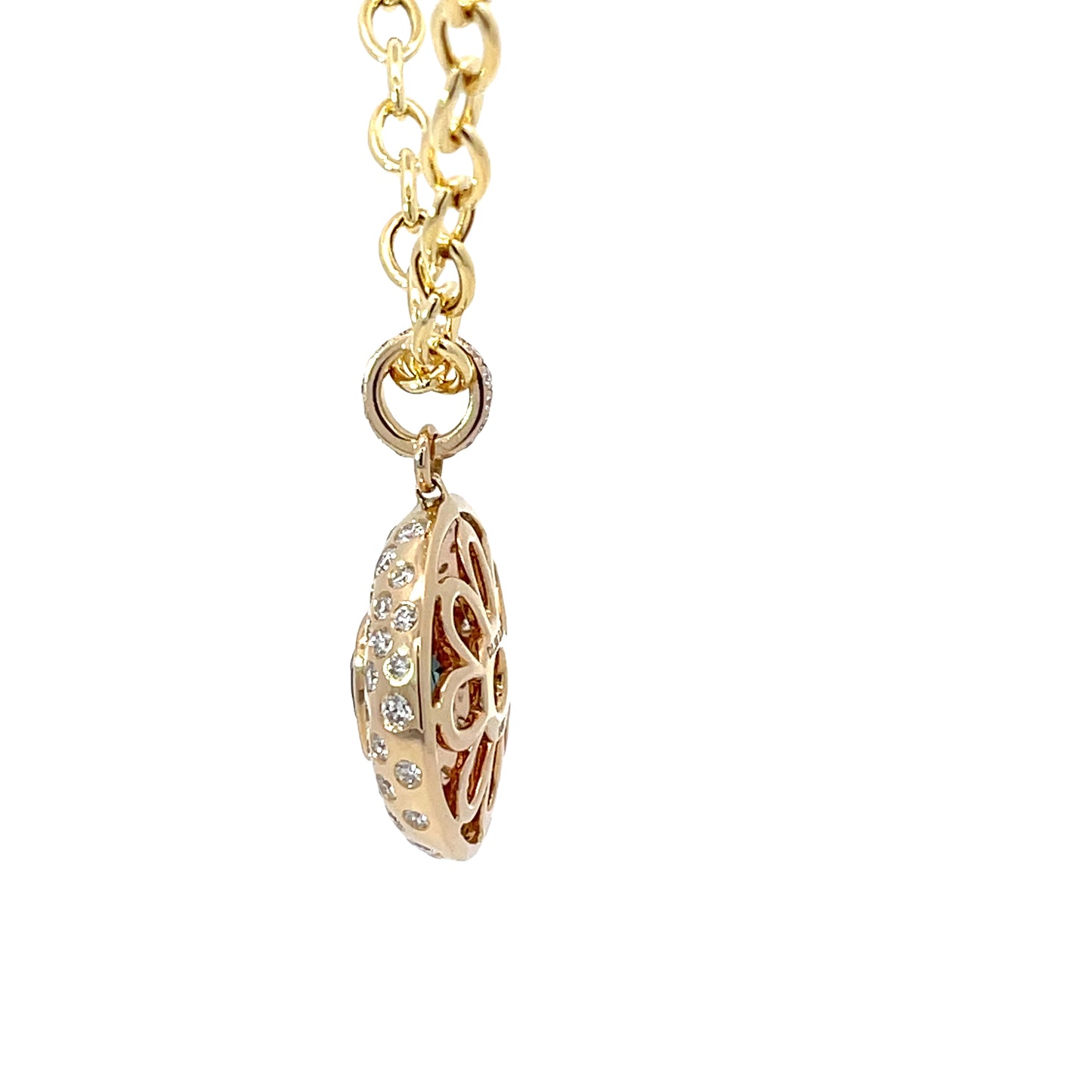 Statement Medallion Pendant in 14Kt. Yellow with a Bezel Set Blue Cushion ShapeTourmaline and Diamonds