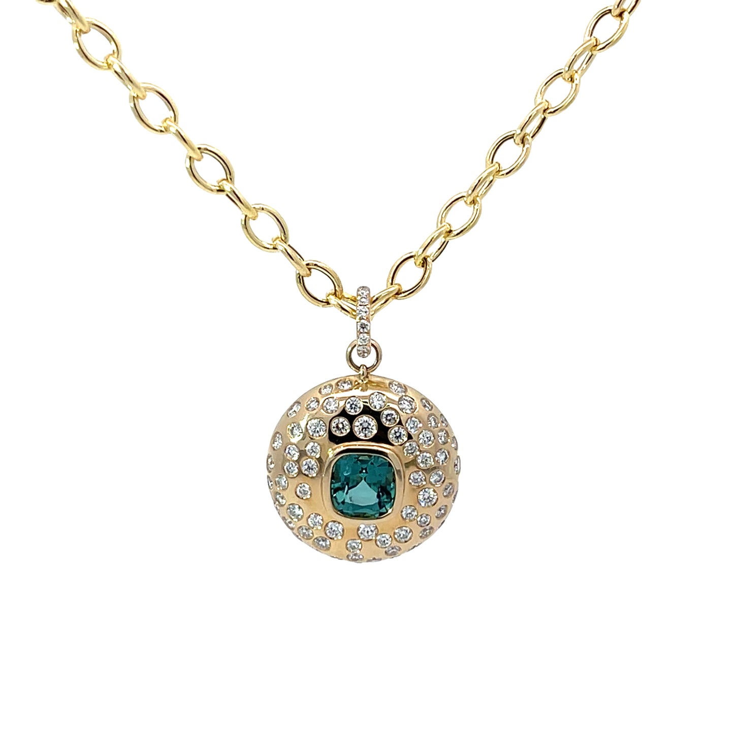 Statement Medallion Pendant in 14Kt. Yellow with a Bezel Set Blue Cushion ShapeTourmaline and Diamonds