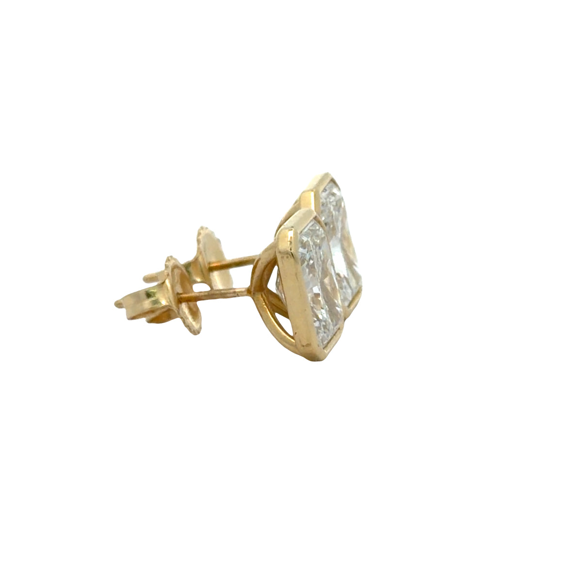 4.13 carat Radiant Cut Lab-Grown Bezel Set Studs in 14 YG.