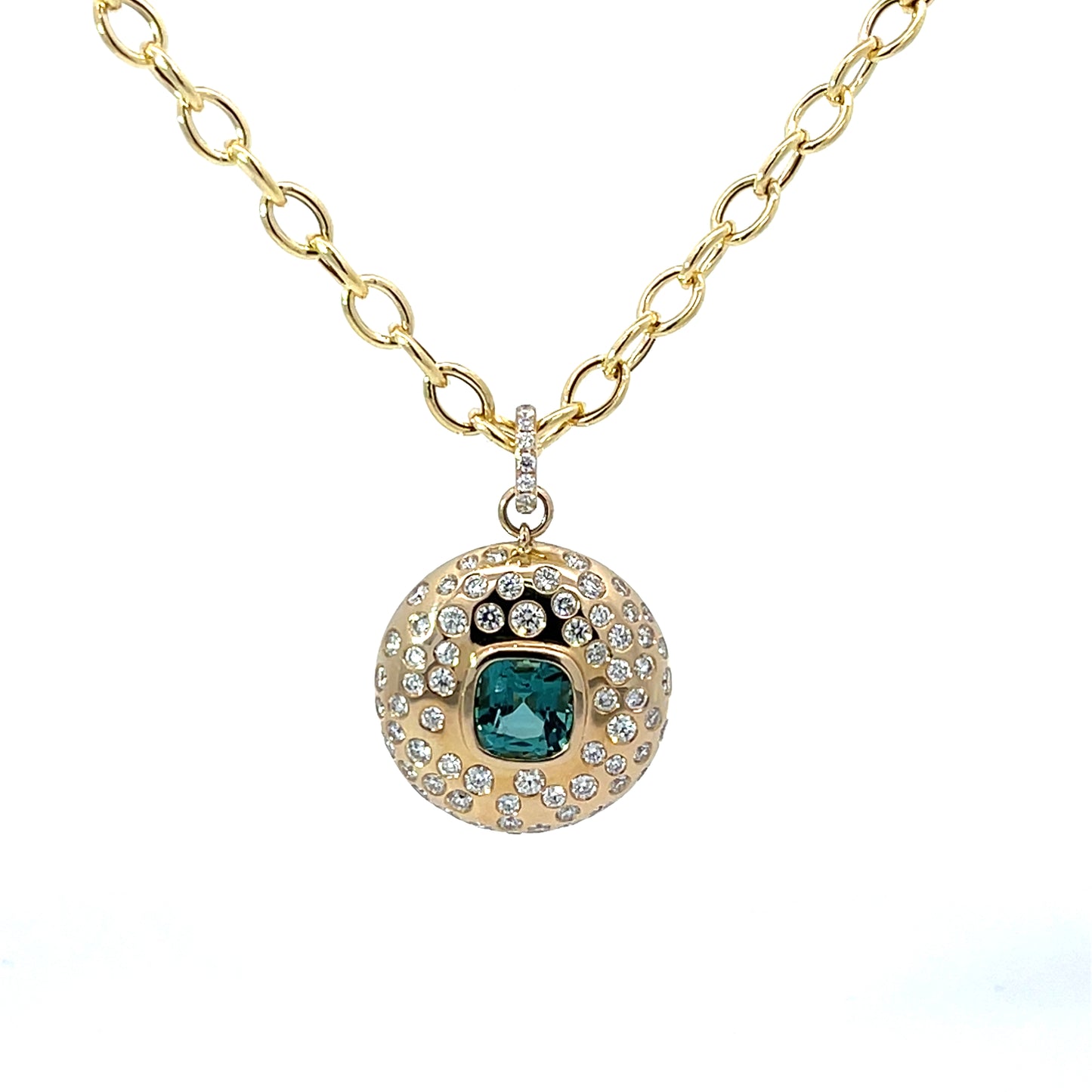 Statement Medallion Pendant in 14Kt. Yellow with a Bezel Set Blue Cushion ShapeTourmaline and Diamonds