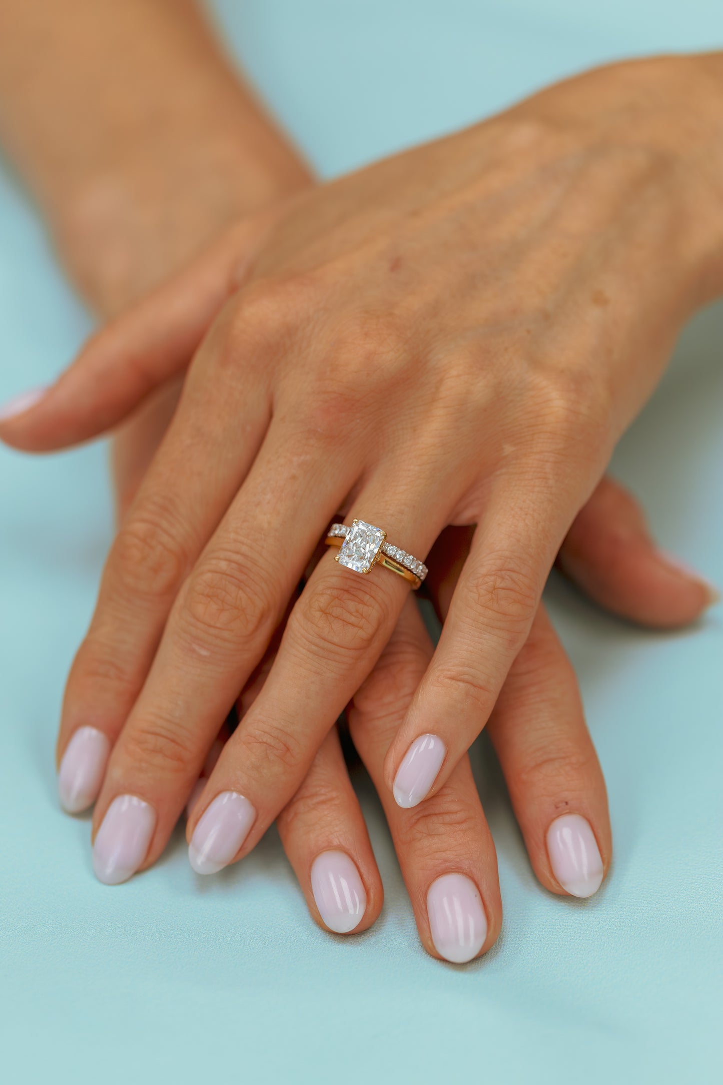 Lab Grown Radiant Cut Set in 18YG with Natural Diamonds in Hidden Halo