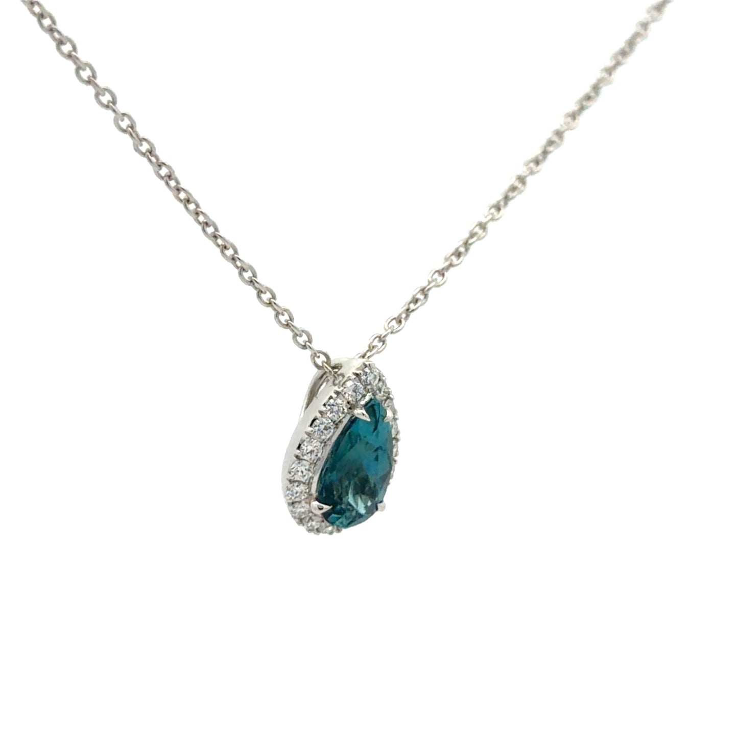 Floating 14kt. White Gold Natural Pear Shape Blue Tourmaline Pendant with Beautiful Natural Diamond Halo
