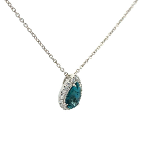 Floating 14kt. White Gold Natural Pear Shape Blue Tourmaline Pendant with Beautiful Natural Diamond Halo