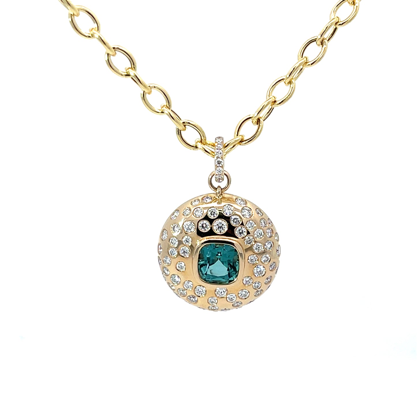 Statement Medallion Pendant in 14Kt. Yellow with a Bezel Set Blue Cushion ShapeTourmaline and Diamonds