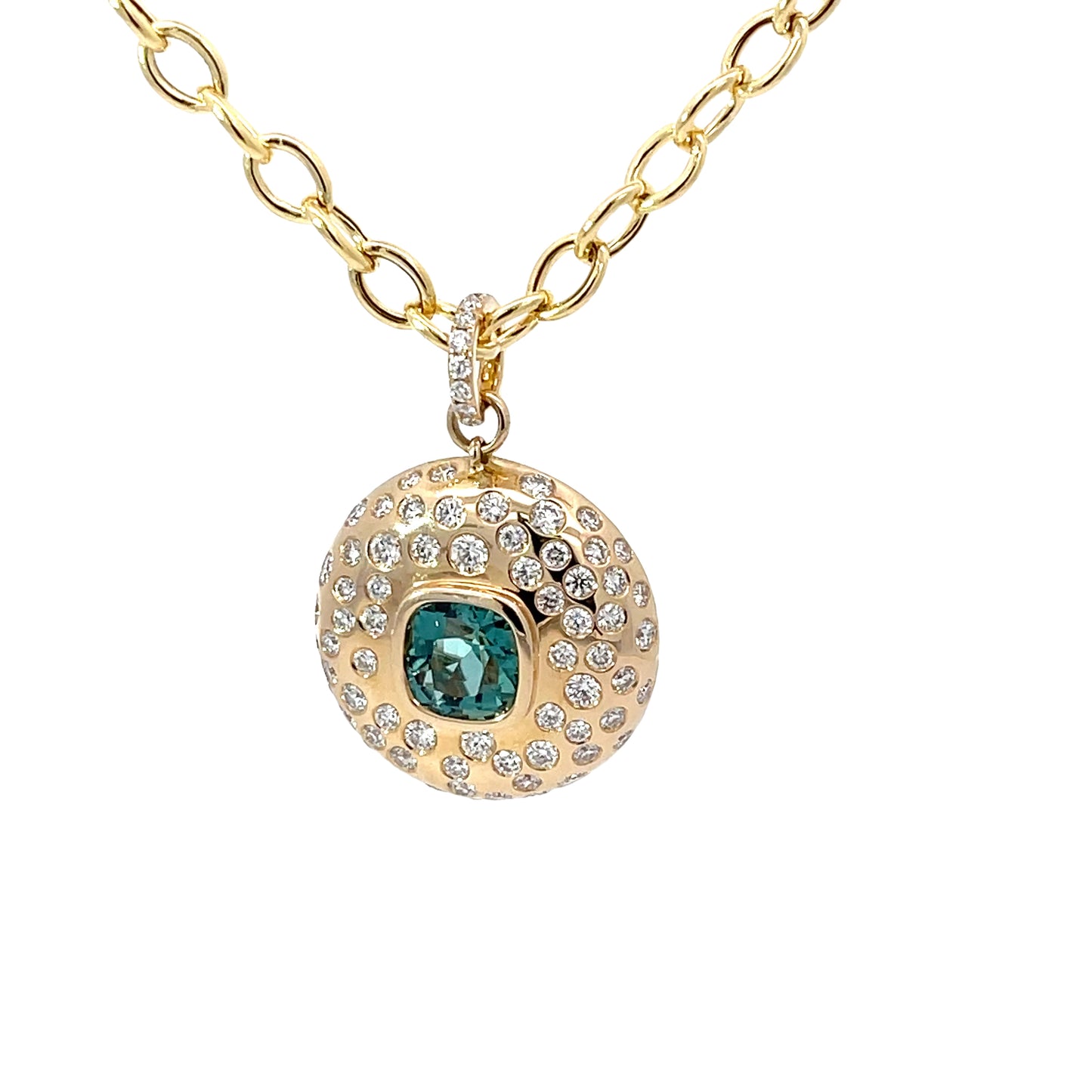 Statement Medallion Pendant in 14Kt. Yellow with a Bezel Set Blue Cushion ShapeTourmaline and Diamonds