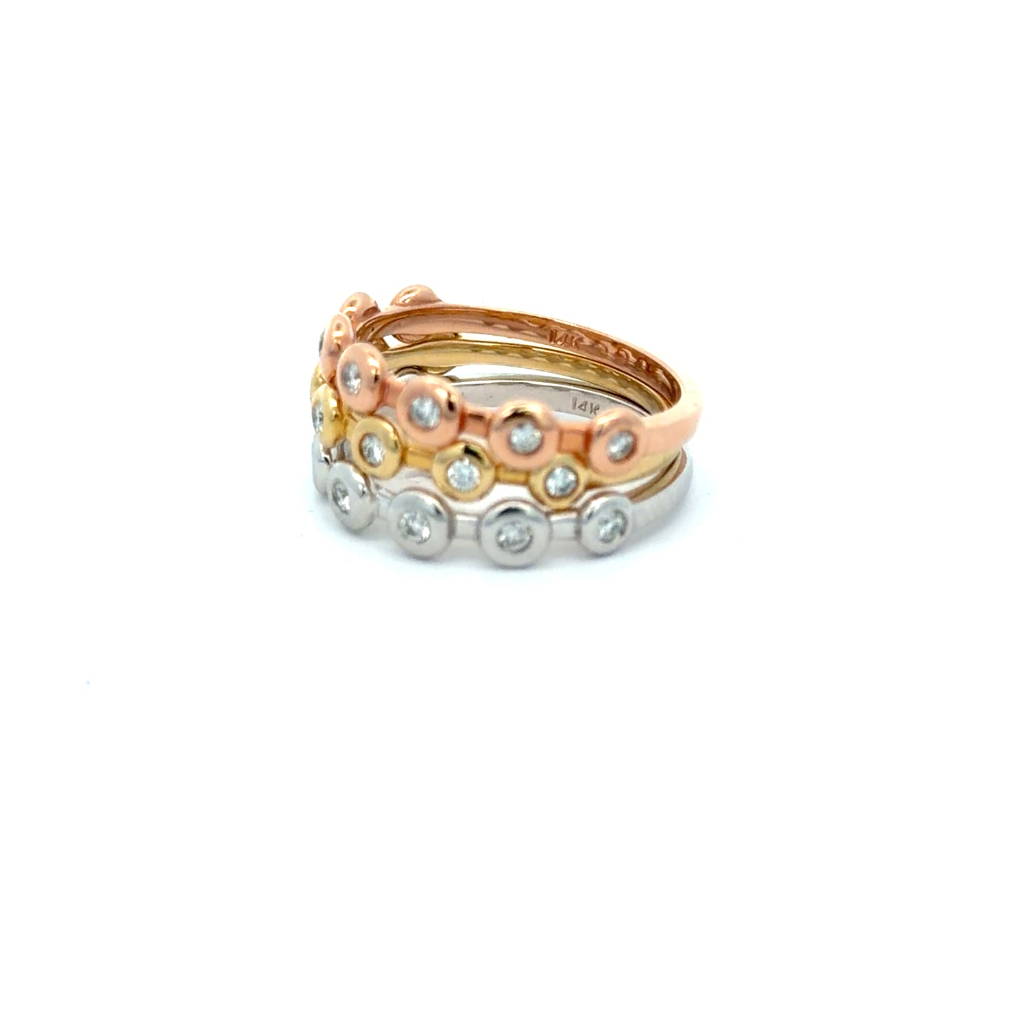 Set of 3 Stacking Bands in 14kt. Gold in Tri-Color with Round Brilliant Natural Diamonds