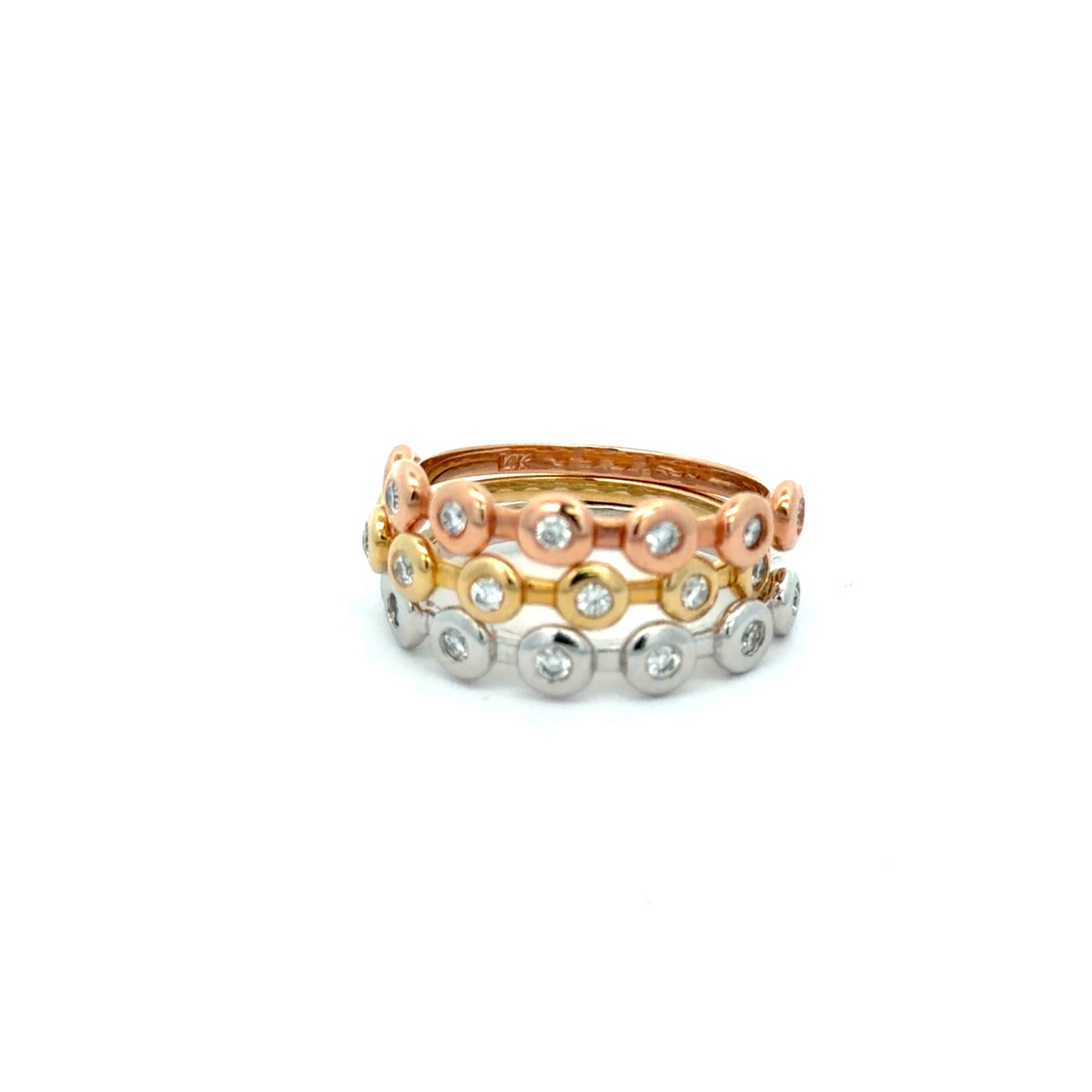 Set of 3 Stacking Bands in 14kt. Gold in Tri-Color with Round Brilliant Natural Diamonds
