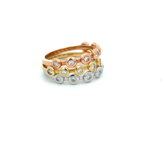 Set of 3 Stacking Bands in 14kt. Gold in Tri-Color with Round Brilliant Natural Diamonds
