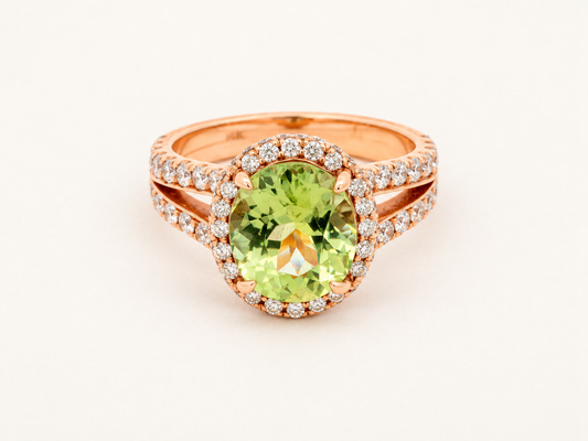 Double Halo Oval Green Tourmaline and Diamond Ring