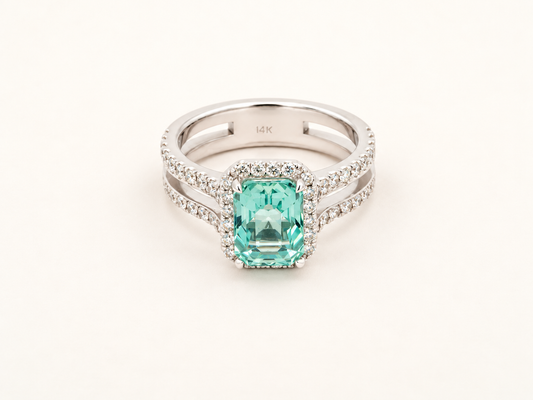 Icy Blue Tourmaline and Diamond Halo Ring in 14K White Gold