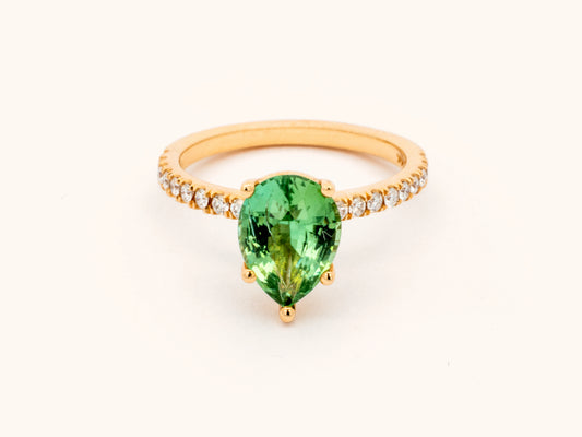 Pear-Shaped Green Tourmaline and Diamond Ring in 14K Yellow Gold