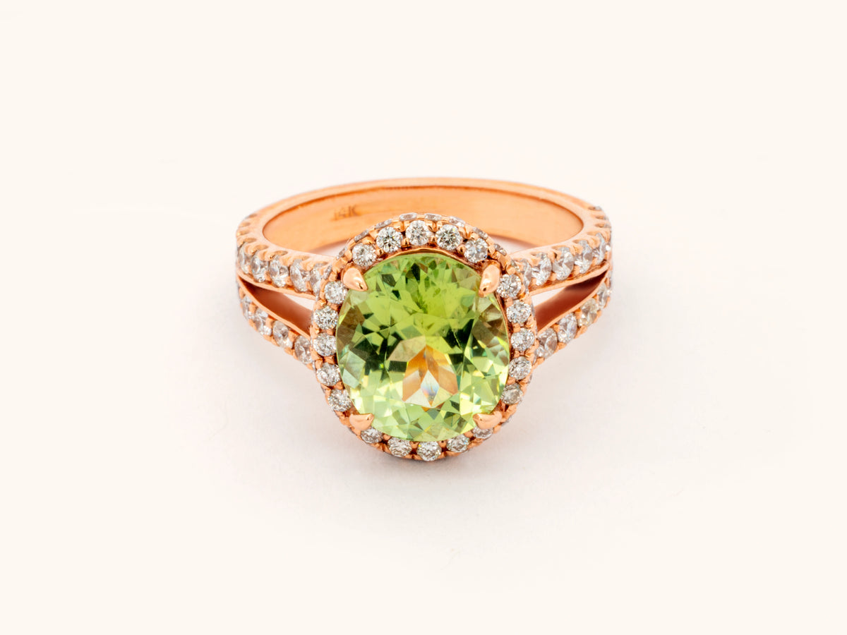 Double Halo Oval Green Tourmaline and Diamond Ring