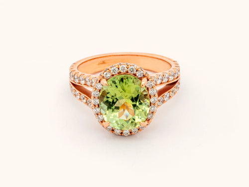 Double Halo Oval Green Tourmaline and Diamond Ring
