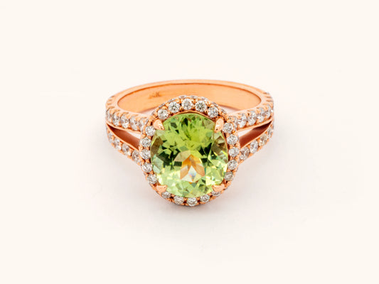 Double Halo Oval Green Tourmaline and Diamond Ring