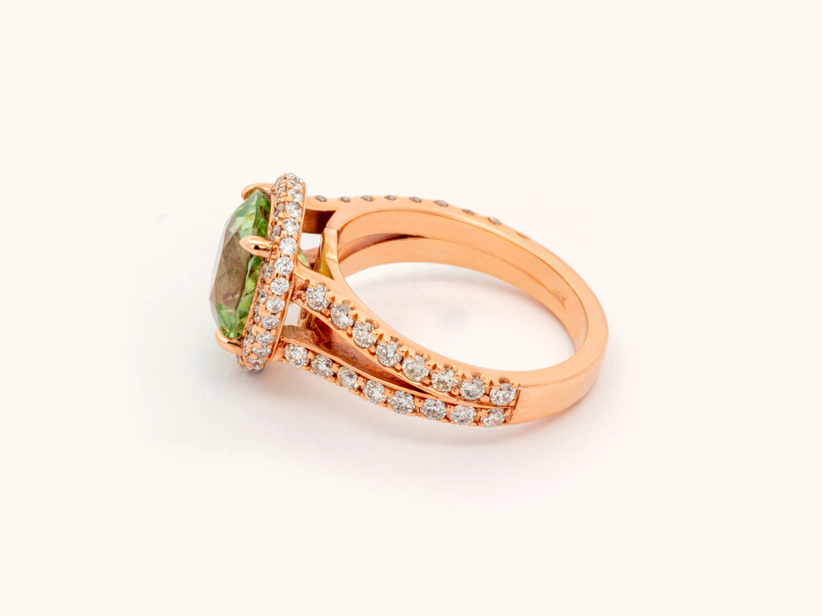 Double Halo Oval Green Tourmaline and Diamond Ring