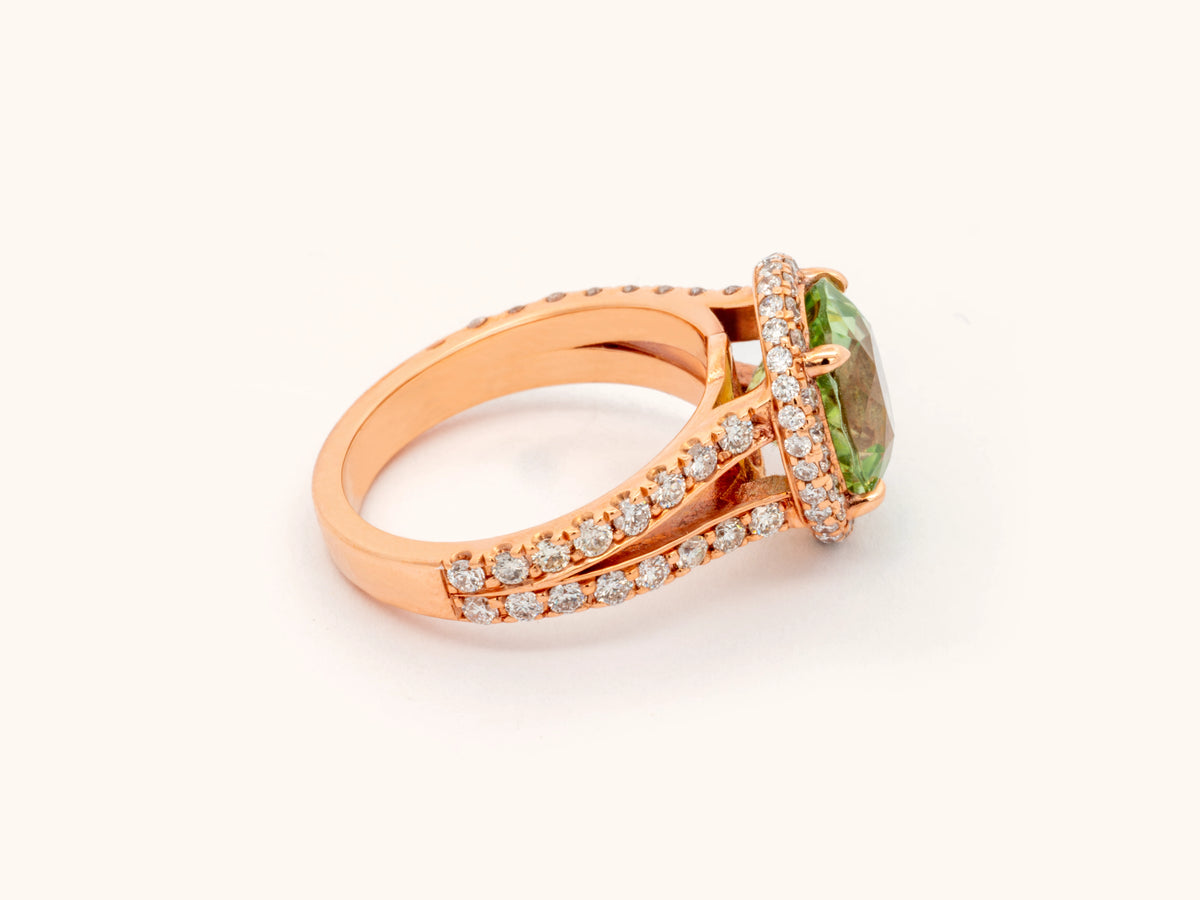 Double Halo Oval Green Tourmaline and Diamond Ring