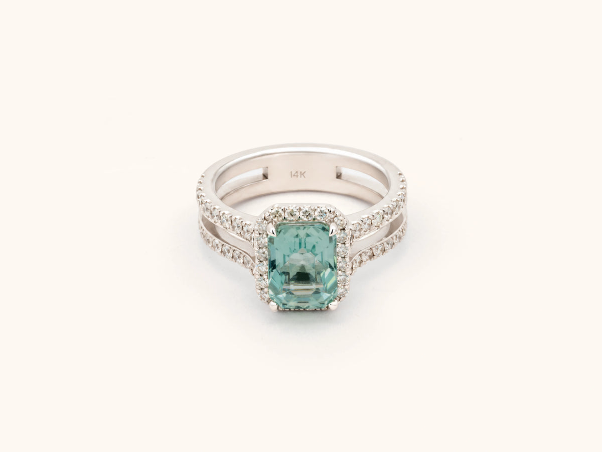 Icy Blue Tourmaline and Diamond Halo Ring in 14K White Gold