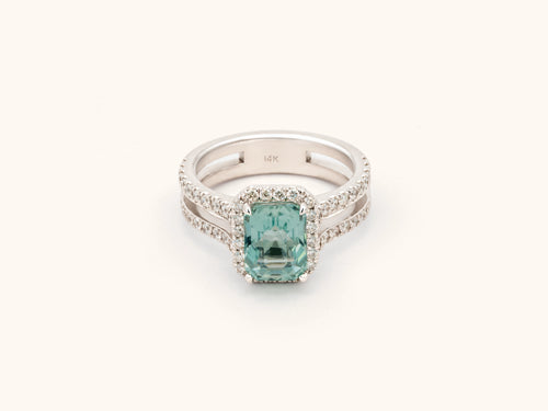 Icy Blue Tourmaline and Diamond Halo Ring in 14K White Gold