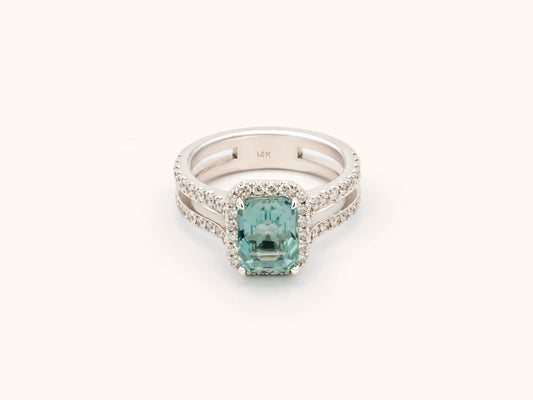 Icy Blue Tourmaline and Diamond Halo Ring in 14K White Gold
