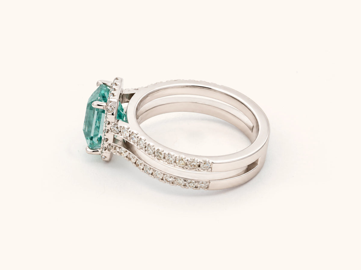Icy Blue Tourmaline and Diamond Halo Ring in 14K White Gold