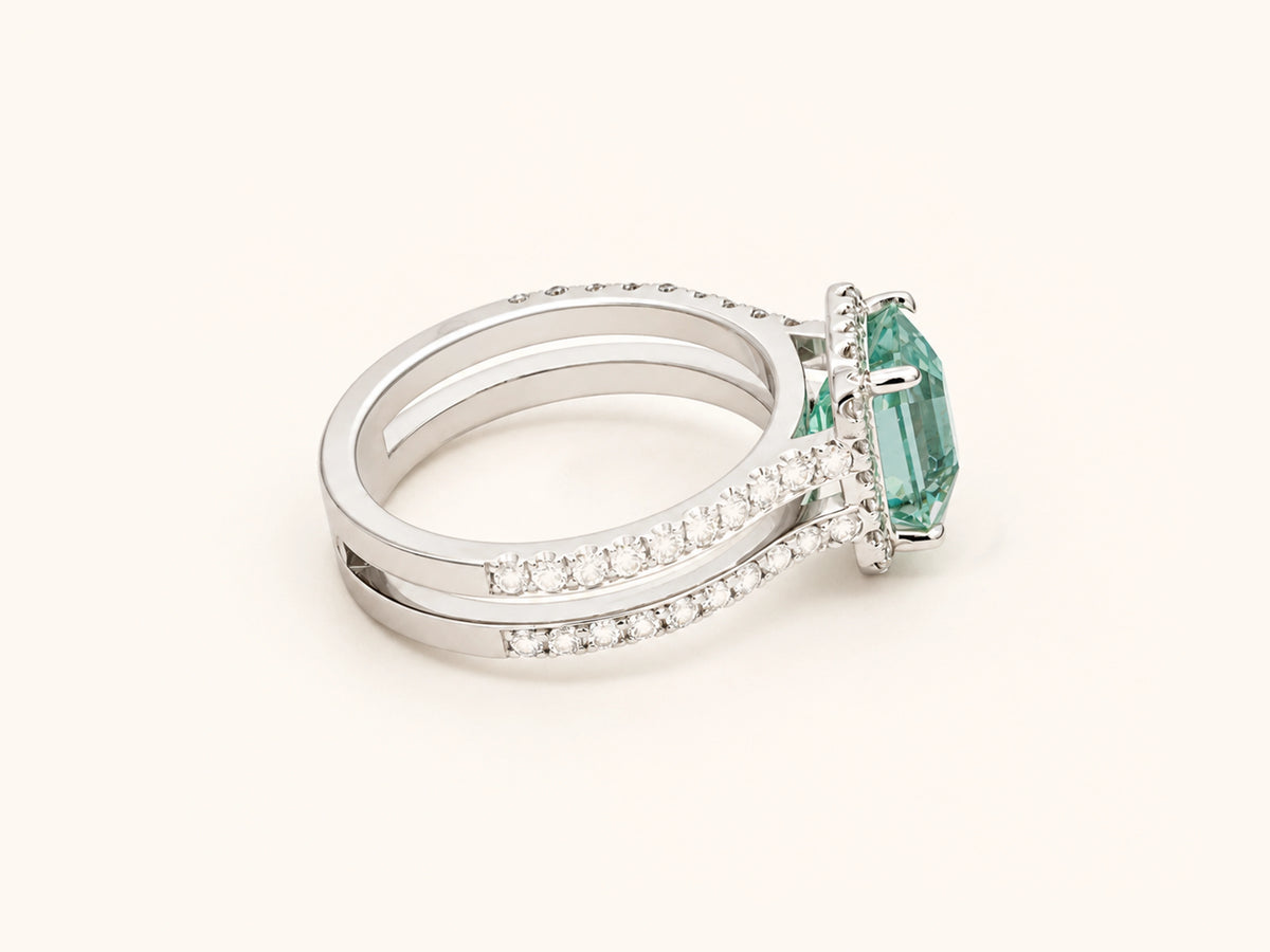 Icy Blue Tourmaline and Diamond Halo Ring in 14K White Gold