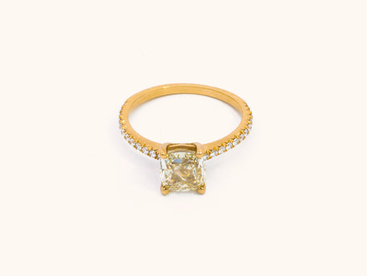 18kt. YG Engagement Ring with Natural Fancy Yellow Cushion Diamond