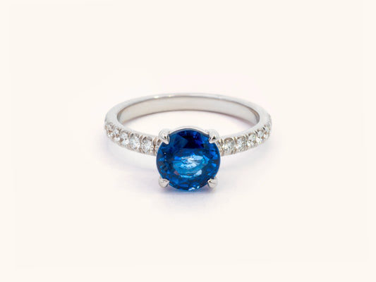 Round Blue Sapphire and Diamond Engagement Ring