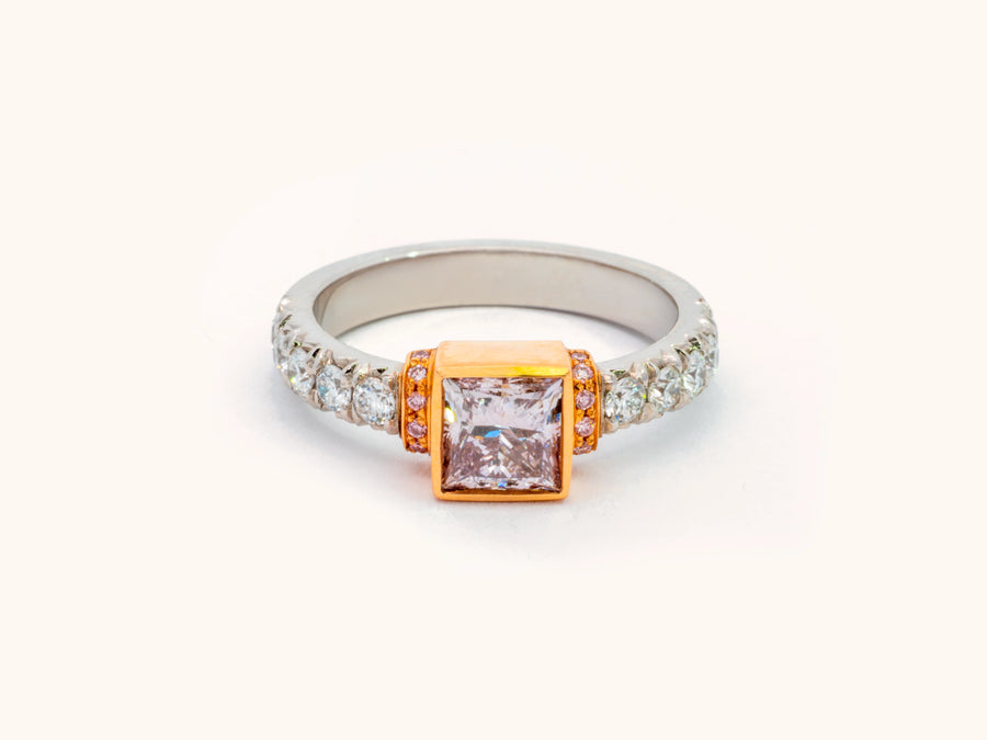 Natural Pink-Brown Princess-Cut Diamond Ring in Platinum and 18K Rose Gold