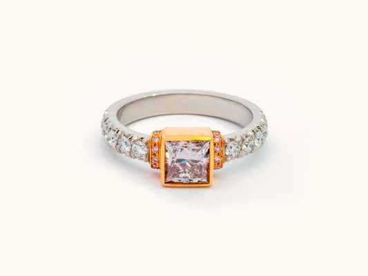 Platinum / 18 Karat Rose Gold Engagement Ring with Natural Pink Brownish Princess Cut Diamond and Round White & Pink Diamond Accents