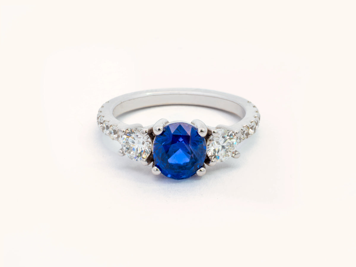 Unheated Oval Blue Sapphire and Diamond Ring in 14K White Gold