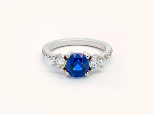 Unheated Oval Blue Sapphire and Diamond Ring in 14K White Gold