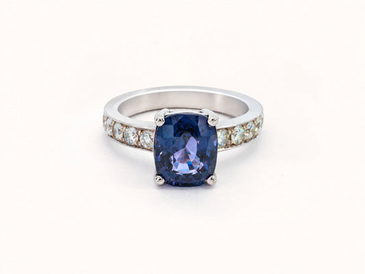 Blue Cushion Spinel and Diamond Ring in 14K White Gold