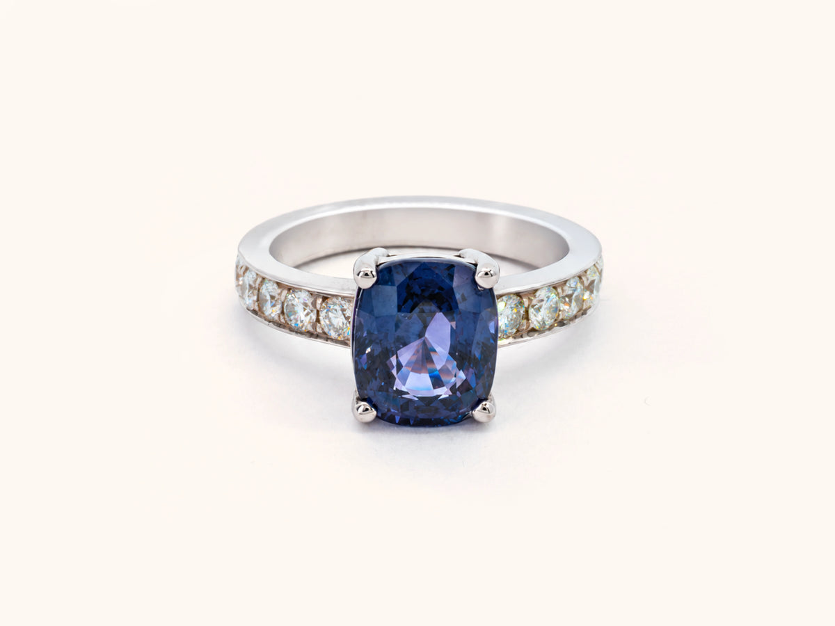 Blue Cushion Spinel and Diamond Ring in 14K White Gold