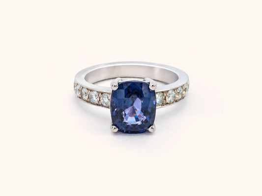 Blue Cushion Spinel and Diamond Ring in 14K White Gold