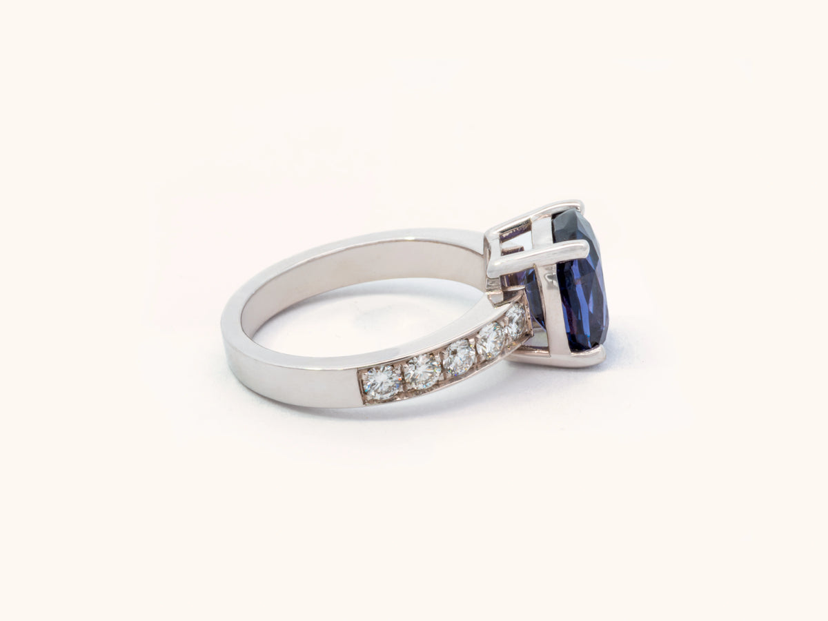 Blue Cushion Spinel and Diamond Ring in 14K White Gold