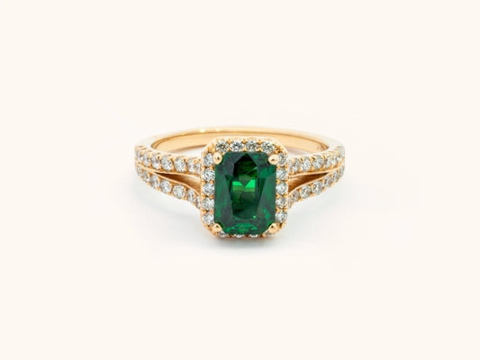Tsavorite and Diamond Halo Ring in 14K Yellow Gold