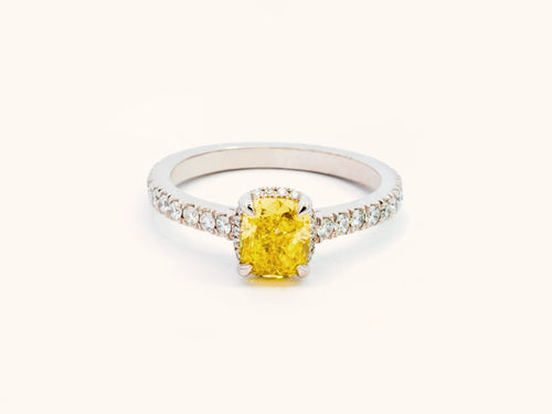 Fancy Vivid Yellow Cushion Diamond Halo Ring in Platinum