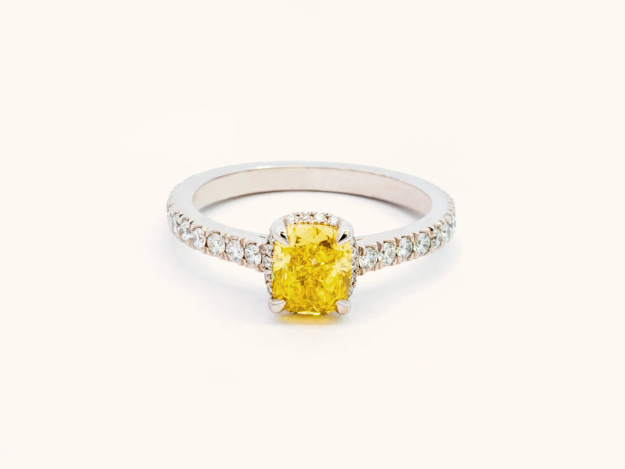 Fancy Vivid Yellow Cushion Diamond Halo Ring in Platinum