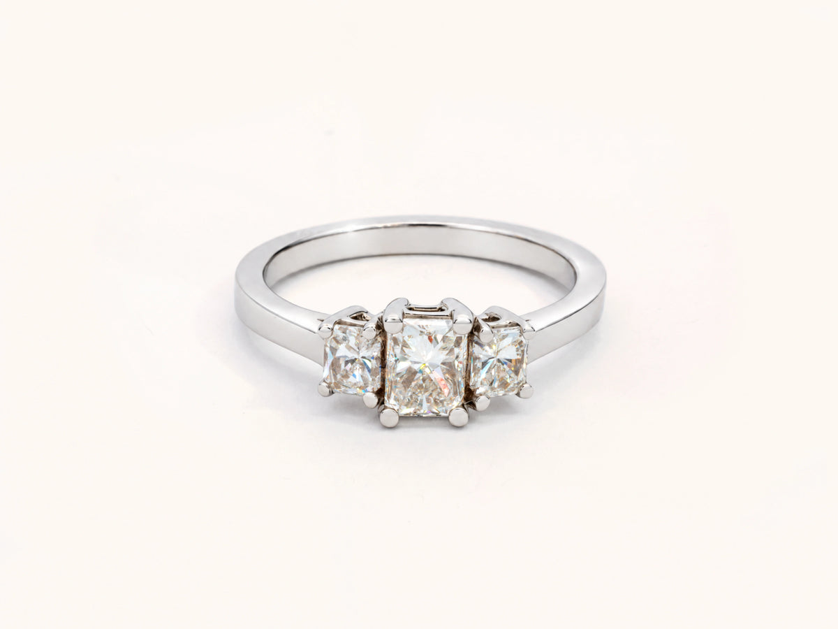 Three Stone Radiant Diamond Engagement Ring in 18 Karat White Gold, 1 Carat Total Weight