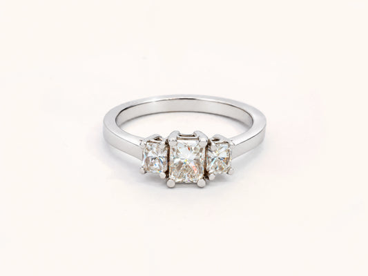 Three Stone Radiant Diamond Engagement Ring in 18 Karat White Gold, 1 Carat Total Weight