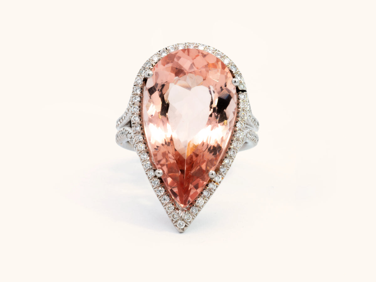 12.85 Carat Pear-Shaped Morganite and Diamond Ring in Platinum
