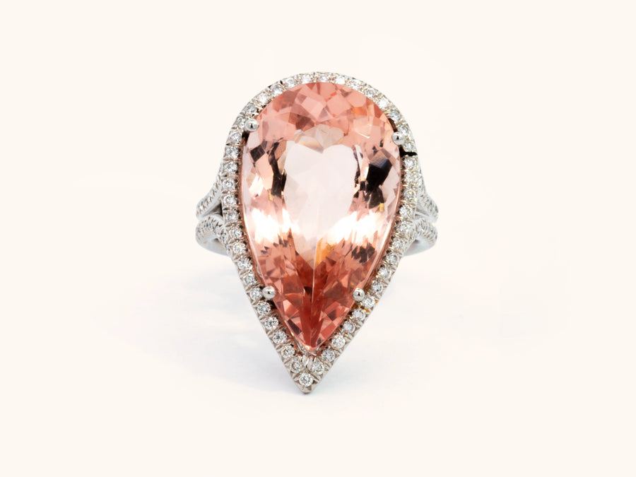 12.85 Carat Pear-Shaped Morganite and Diamond Ring in Platinum