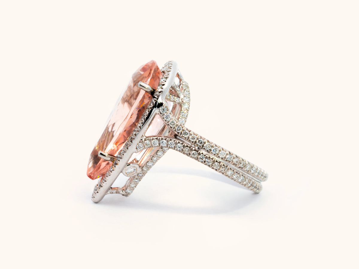 12.85 Carat Pear-Shaped Morganite and Diamond Ring in Platinum